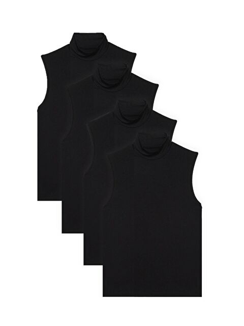 TUDORS Kadın 4'Lü Paket Siyah Regular Fit Kesim Viskon Kumaş Balıkçı Yaka Sıfır Kol Bluz - S000521045-19351