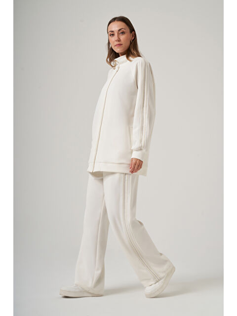 Nuss Fermuarı Taş Detaylı Pantolonlu Takım 1092 Ekru