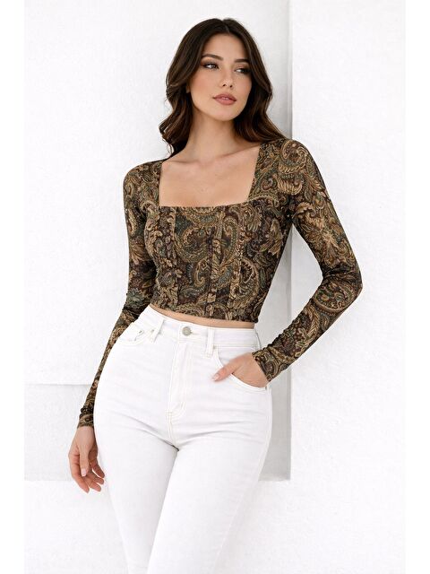 carla10 Kadın Paisley Desenli Kare Yaka Bluz - S000532394-18547