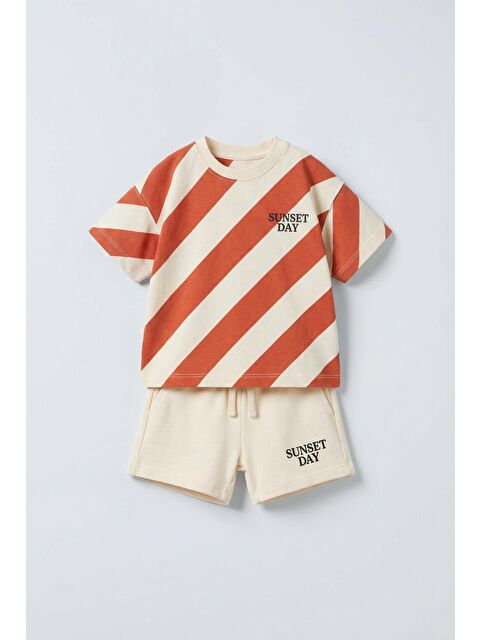 Magu Erkek Çocuk Pamuklu Turuncu Çizgili T-Shirt Ve Bej Şort Takım - S000516587-23173