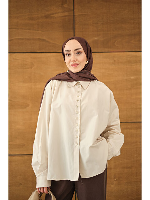 Locco Moda Kadın Geniş Kesim Gömlek Krem - S000529914-19966