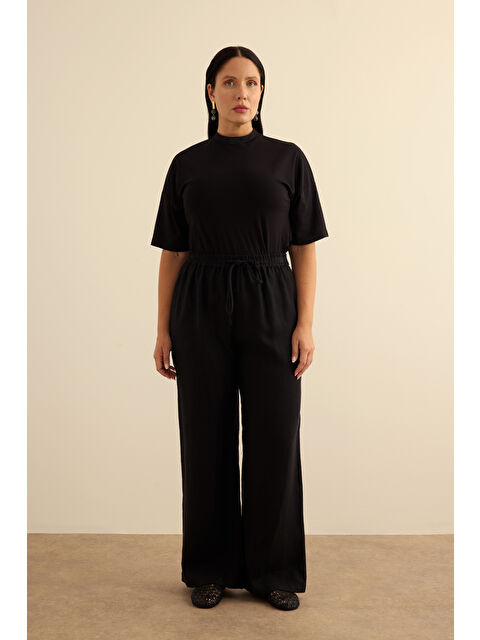 AKER Siyah Beli Lastikli Keten Pantolon