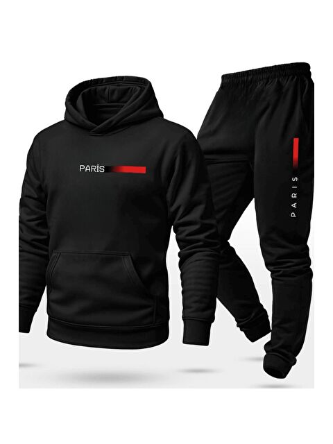 Trendseninle Erkek Tam Siyah Paris Baskı Oversize Kesim Alt Üst Uzun Kollu Eşofman Takımı - S000464805-22238