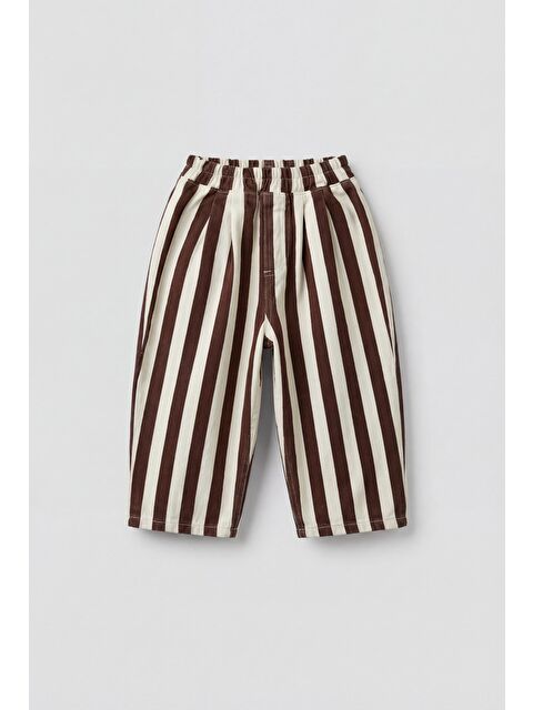 Magu Unisex Oversize Çocuk Pamuklu Kahverengi Çizgili Pantolon - Elastik Belli