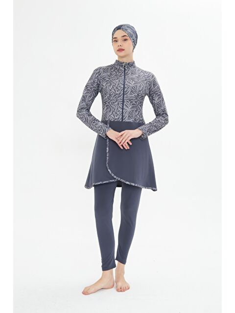 Fantasy Tam Kapalı Elastanlı Desenli Etekli Tesettür Mayo Antrasit 3483-A