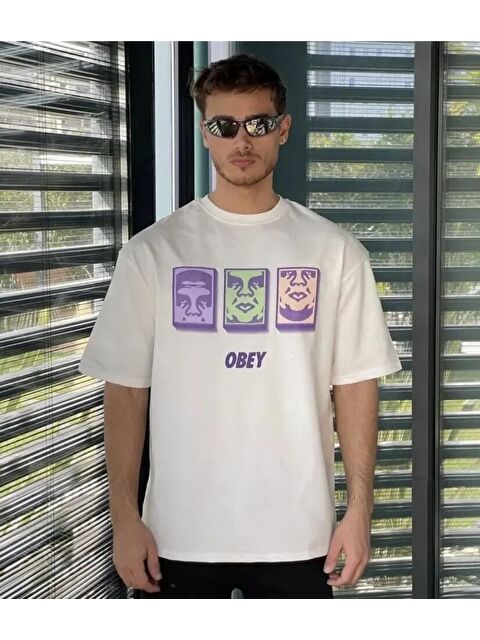 Jane's Unisex Bisiklet Yaka Baskılı Oversize T-Shirt - Beyaz