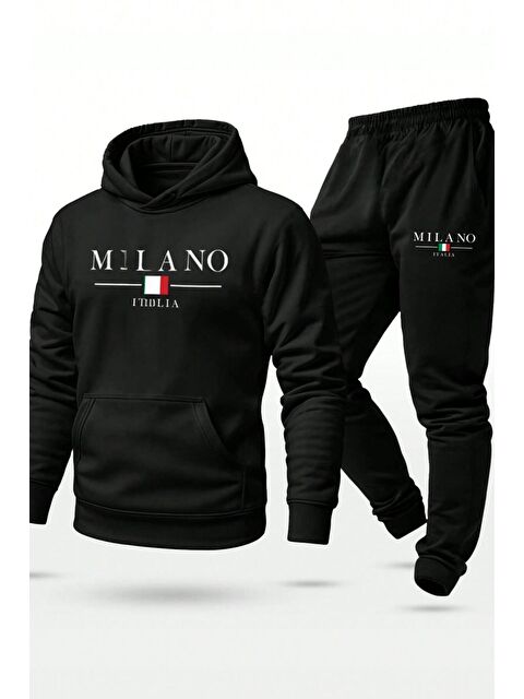 Trendseninle Erkek Tam Siyah Milano Baskı Oversize Kesim Alt Üst Uzun Kollu Eşofman Takımı - S000464805-19351