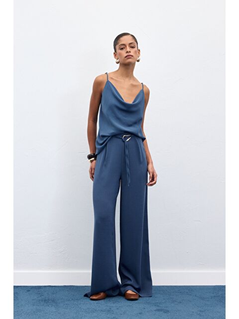 SATEEN Kemerli Salaş Pantolon - İndigo - S000389157-23093