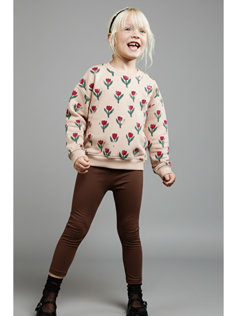 Magu Kız Çocuk Pamuklu Bej Lale Desenli Sweatshirt Ve Kahverengi Tayt Takım – Rahat Günlük Takım - S000467030-23173