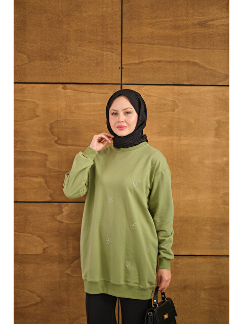 Locco Moda Kadın LCC Taş Detay Bisiket Yaka Sweat Yeşil - S000495235-18194