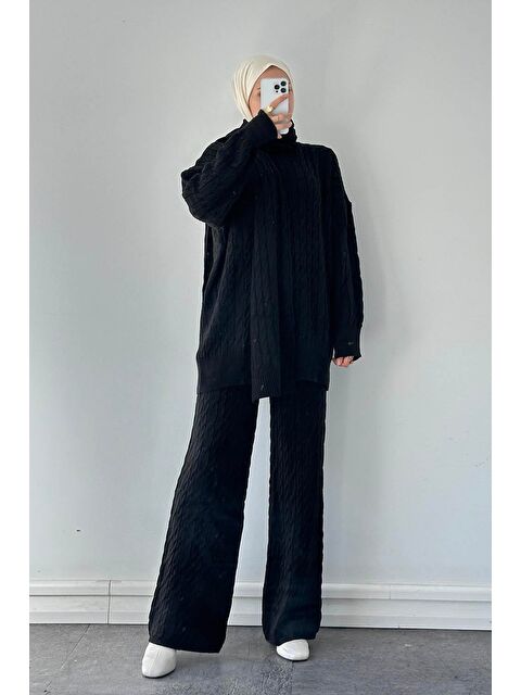 Lamelif Atkılı Örülü Tesettür Takım Siyah - S000515448-19351