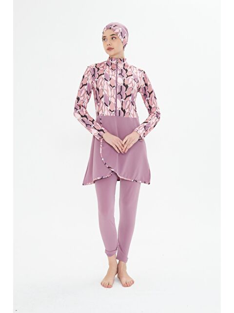 Fantasy Tam Kapalı Elastanlı Desenli Etekli Tesettür Mayo Pembe 3481-P