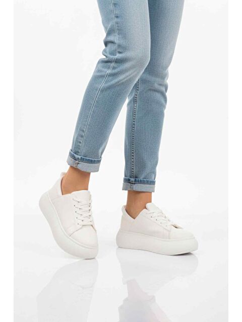 Ayakmod Beyaz Kalın Taban Bağcıklı Kadın Spor Ayakkabı Termo DV-03 Z - S000464832-20063