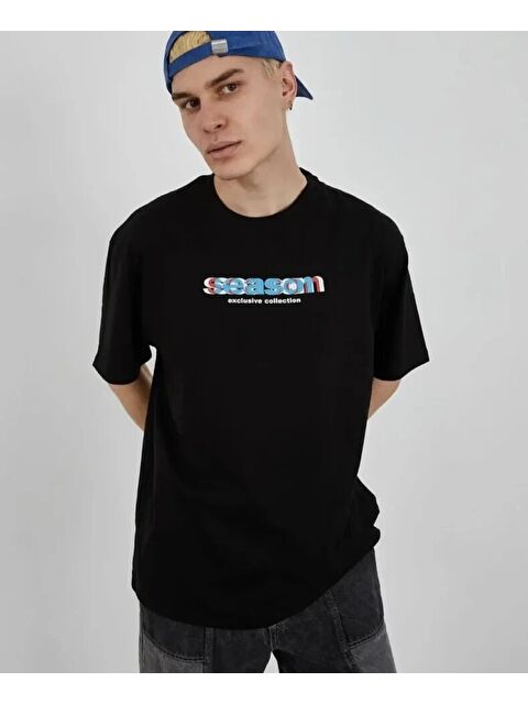 Jane's Unisex Bisiklet Yaka Baskılı Oversize T-Shirt - Siyah