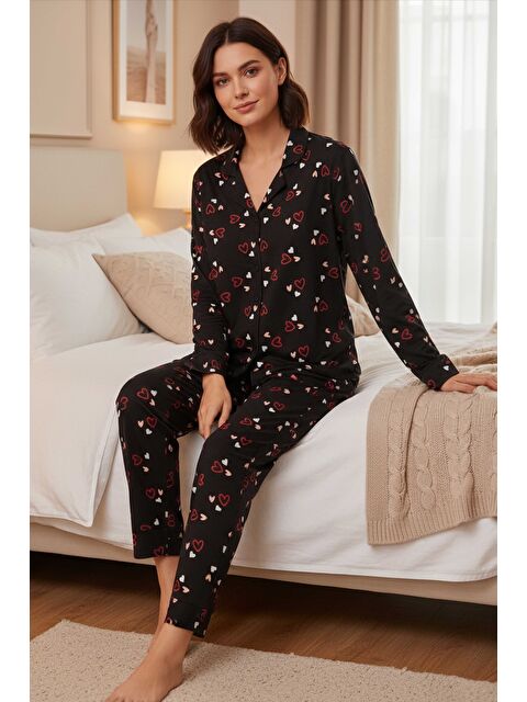 Tofisa Desenli Süet Pijama Takımı Siyah - 28117-SIYAH - S000495319-19351