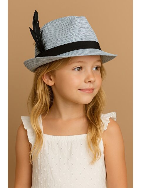 Katia And Bony Çocuk Tüy Aksesuarlı Hasır Fötr Şapka Açık Mavi