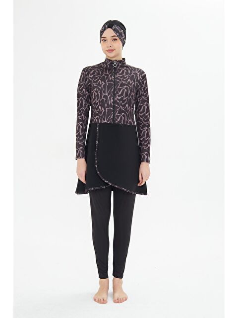 Fantasy Tam Kapalı Elastanlı Desenli Etekli Tesettür Mayo Siyah 3482-S