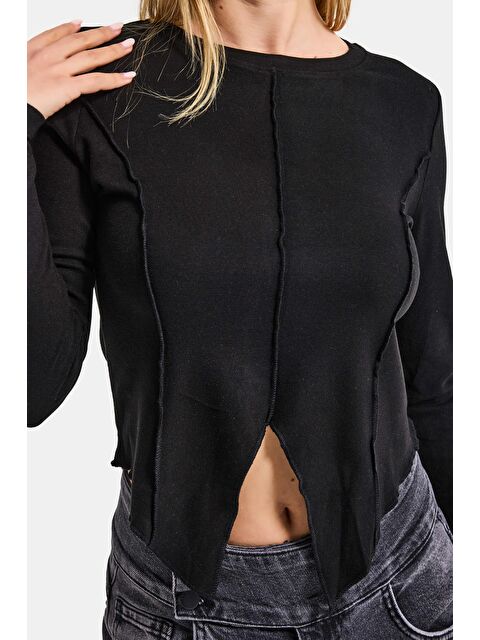 It's Basic Kadın Siyah Renk w5 Asimetrik Kesim Crop Fit Tasarım Body