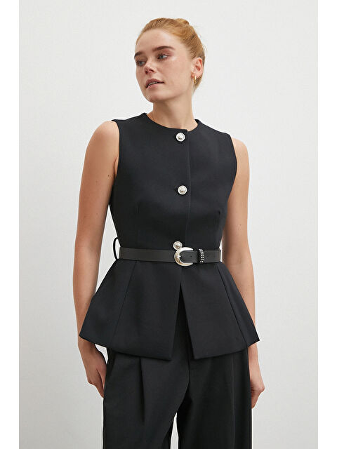 Never More Kemerli Bisiklet Yaka Üç Düğmeli Yelek Siyah - S000491359-19351