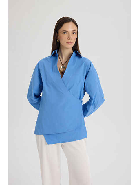 Mai Collection Bran Üçgen Kesim Mavi Gömlek - S000527035-17234