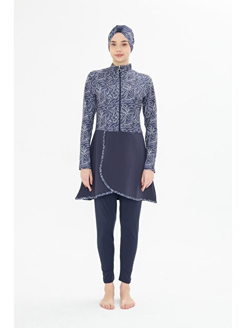 Fantasy Tam Kapalı Elastanlı Desenli Etekli Tesettür Mayo Lacivert 3483-L