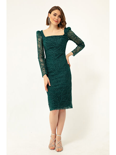 Lafaba Kadın Zümrüt Yeşili Kare Yaka Simli Midi Abiye Elbise - S000496828-18709