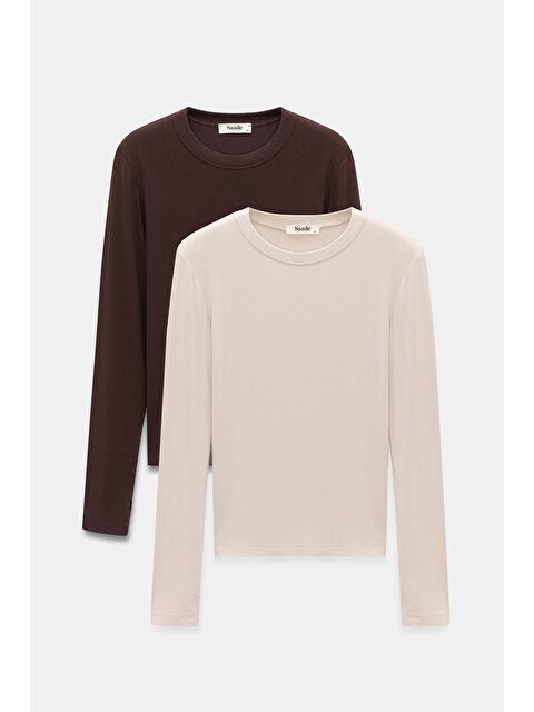 Saade Kahverengi-Bej Kadın Bisiklet Yaka Parmak Geçmeli Uzun Kollu Body/Bluz - 2'li Paket