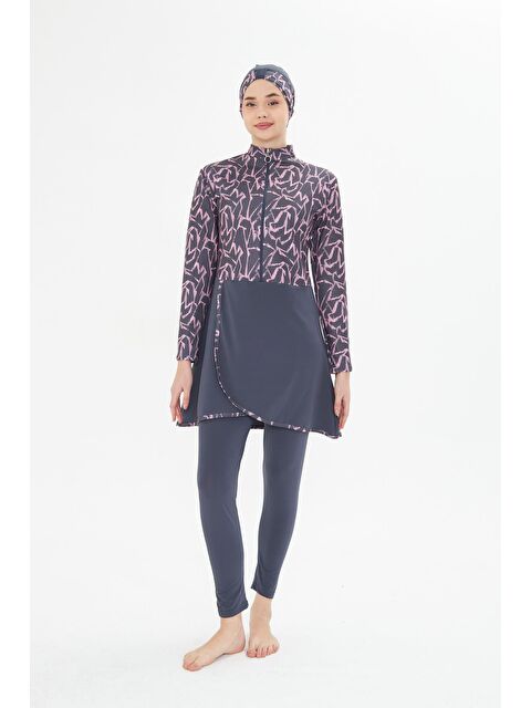 Fantasy Tam Kapalı Elastanlı Desenli Etekli Tesettür Mayo Antrasit 3482-A