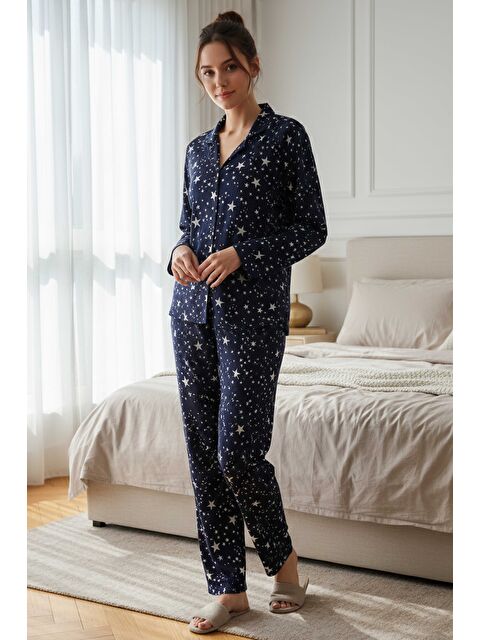 Tofisa Desenli Süet Pijama Takımı Lacivert - 28115-LACIVERT - S000495320-21164
