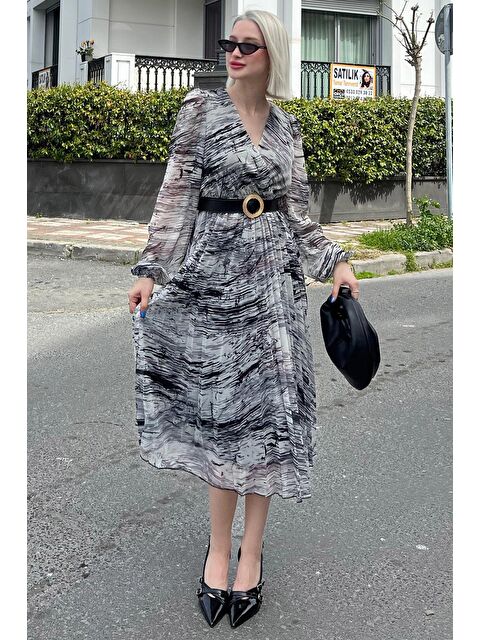 Madmext Gri Kruvaze Yaka Desenli Şifon Elbise Mg2065 - S000173403-20600