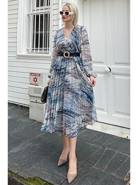 Madmext Mavi Kruvaze Yaka Desenli Şifon Elbise Mg2065 - S000173403-17234