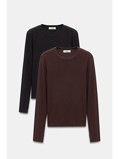 Saade Kahverengi-Siyah Kadın Bisiklet Yaka Parmak Geçmeli Uzun Kollu Body/Bluz - 2'li Paket