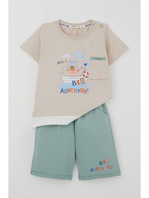 Breeze Erkek Bebek Şortlu Takım Sevimli Kaptan Ayıcık Baskılı Cep Detaylı Bej (9 Ay-3 Yaş) - S000492442-19928