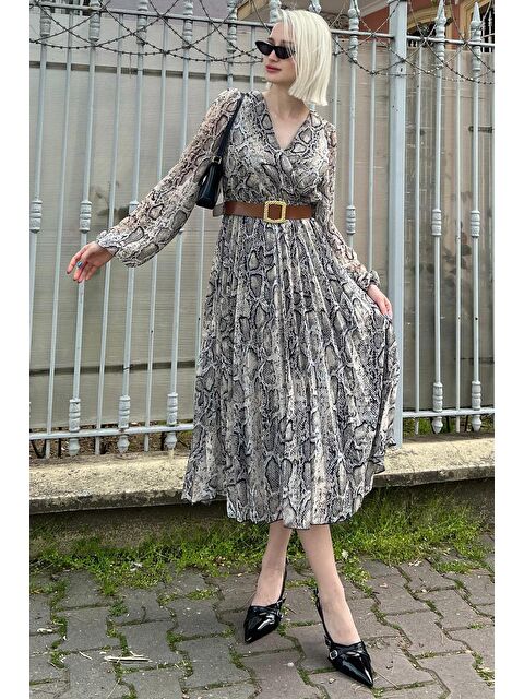 Madmext Bej Kruvaze Yaka Desenli Şifon Elbise Mg2065 - S000173403-19928