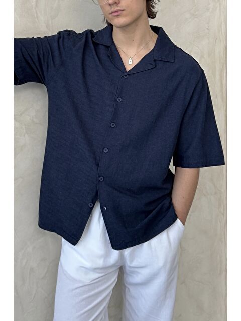 HYMAN Erkek Oversize Apaş Yaka Kısa Kollu Keten Gömlek - S000515500-21164