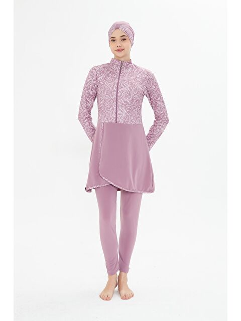 Fantasy Tam Kapalı Elastanlı Desenli Etekli Tesettür Mayo Pembe 3483-P