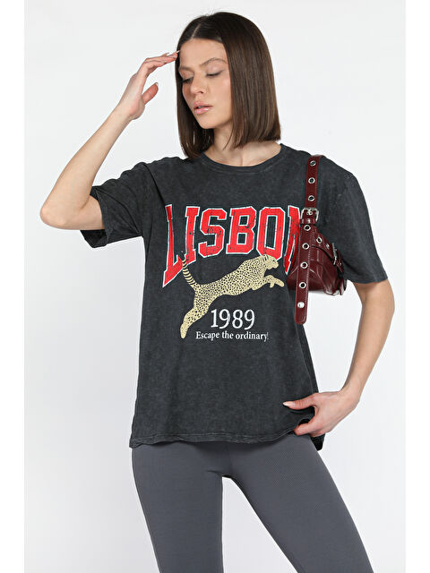 Gülseli Kadın Ön Baskılı Bisiklet Yaka Tişört - S000365077-33408