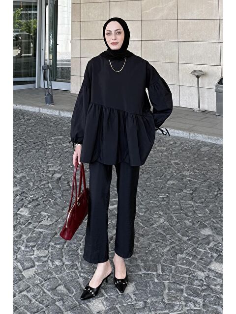 Lamelif Fırfırlı Bluz Pantolon Takım Siyah - S000515506-19351