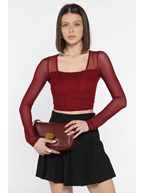 Gülseli Kadın Kare Yaka Sırt Ve Kol Transparan Crop Top Bluz - S000365012-20036