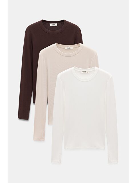 Saade Kahve-Bej-Ekru Kadın Bisiklet Yaka Parmak Geçmeli Uzun Kollu Body/Bluz - 3'lü Paket