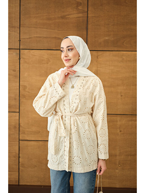 Locco Moda Kadın Brode Taş İşlemeli Kimono Krem