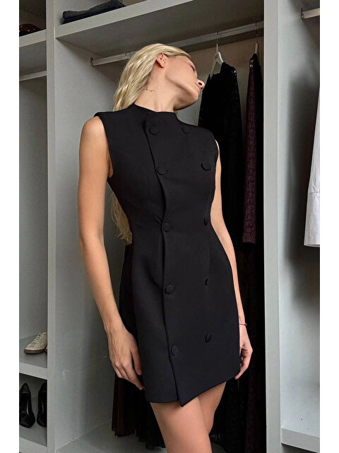 eka Kadın Siyah Kaplama Düğmeli Ceket Elbise 1041-2781 - S000504139-19351