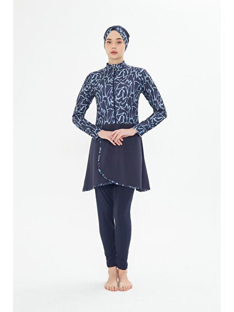 Fantasy Tam Kapalı Elastanlı Desenli Etekli Tesettür Mayo Lacivert 3482-L