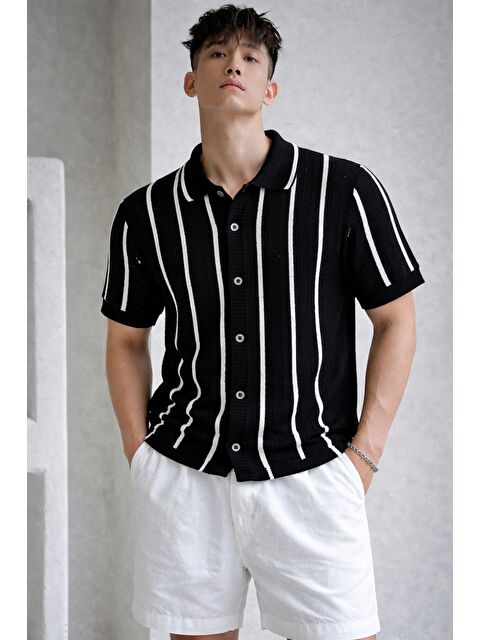 Tarz Cool Çizgili Erkek Triko Gömlek Yaka Hırka Yazlık Rahat Kesim