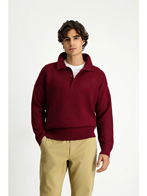 Kiğılı Polo Yaka Oversize Ekstra Rahat Kesim Desenli Triko Kazak - S000494099-19952