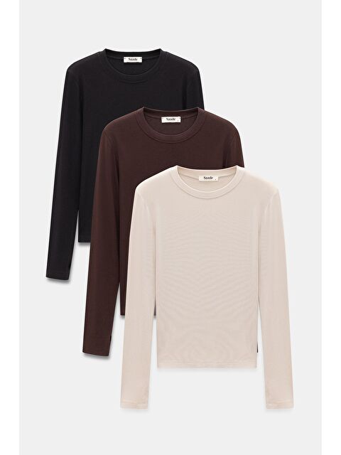 Saade Kahve-Bej-Siyah Kadın Bisiklet Yaka Parmak Geçmeli Uzun Kollu Body/Bluz - 3'lü Paket