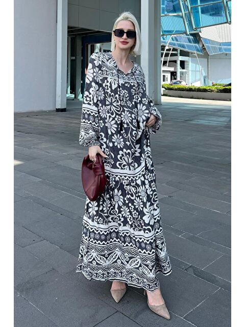 Madmext Siyah Oversize Desenli Uzun Elbise Mg2055 - S000173408-19351