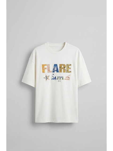 Abluka Online Erkek Oversize Patchwork Nakışlı T-Shirt Ekru
