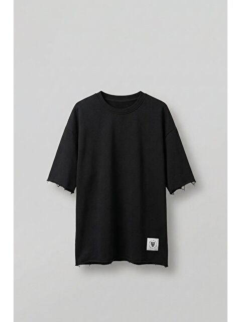 Abluka Online Erkek Oversize Püskül Detaylı Basic Örme T-Shirt Siyah