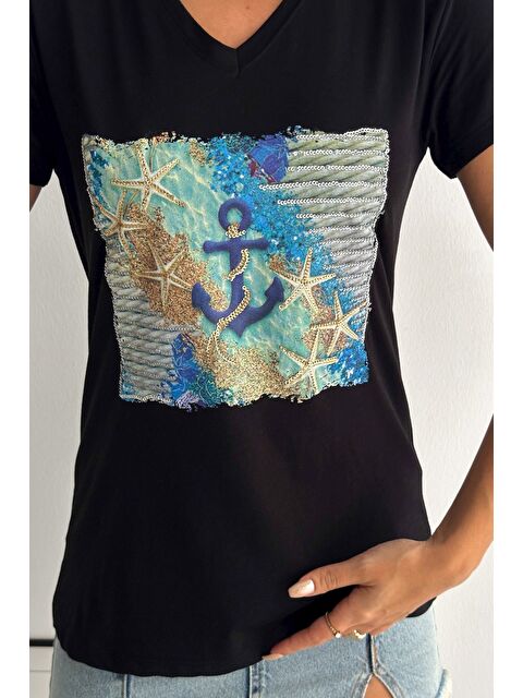Chiccy Siyah V Yaka Kısa Kol Pul Payet Aplikeli Örme Regular Fit T-Shirt
